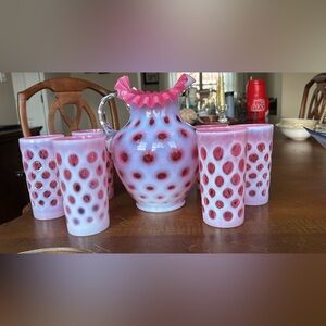 Fenton Cranberry Opalescent Coin Dot Pitcher and Tumbler Set